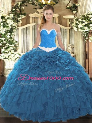 Excellent Blue Lace Up Sweetheart Appliques and Ruffles Sweet 16 Dress Organza Sleeveless