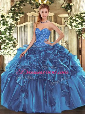 Floor Length Blue Quince Ball Gowns Sweetheart Sleeveless Lace Up