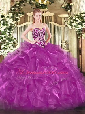 Elegant Sweetheart Sleeveless Quinceanera Gowns Floor Length Beading and Ruffles Fuchsia Organza