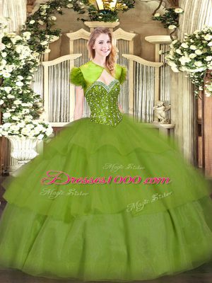 Designer Olive Green Tulle Lace Up 15 Quinceanera Dress Sleeveless Floor Length Beading and Ruffled Layers