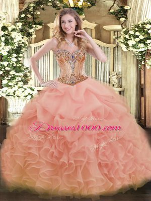 Floor Length Lace Up Sweet 16 Quinceanera Dress Peach for Sweet 16 and Quinceanera with Beading and Ruffles and Pick Ups