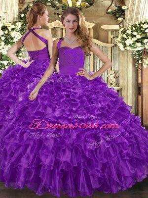 Purple Lace Up Halter Top Ruffles Quinceanera Gowns Organza Sleeveless