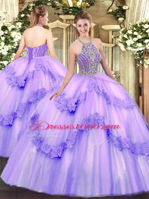 Elegant Floor Length Lavender Sweet 16 Dresses Tulle Sleeveless Beading and Appliques