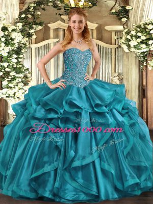 Suitable Sleeveless Floor Length Beading and Ruffles Lace Up Sweet 16 Dress with Teal
