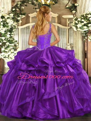 Glittering Floor Length Purple Sweet 16 Dress Organza Sleeveless Beading and Ruffles