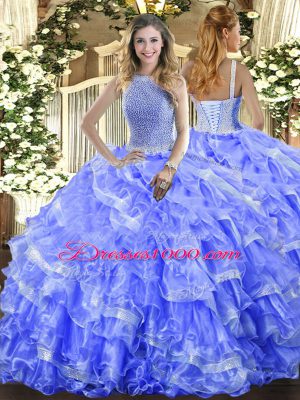 Edgy Blue Ball Gowns High-neck Sleeveless Organza Floor Length Lace Up Beading and Ruffled Layers Quince Ball Gowns