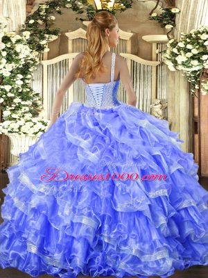 Edgy Blue Ball Gowns High-neck Sleeveless Organza Floor Length Lace Up Beading and Ruffled Layers Quince Ball Gowns