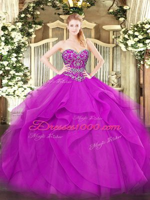 Deluxe Fuchsia Sweet 16 Quinceanera Dress Military Ball and Sweet 16 and Quinceanera with Beading and Ruffles Sweetheart Sleeveless Lace Up