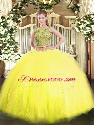 Extravagant Yellow Tulle Lace Up Scoop Sleeveless Floor Length Sweet 16 Dresses Beading