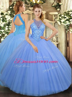 Latest High-neck Sleeveless Tulle Quinceanera Gown Beading Lace Up