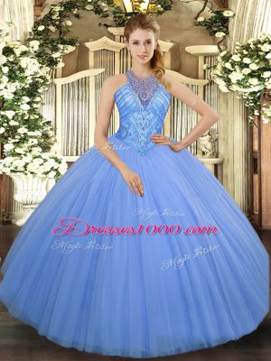 Latest High-neck Sleeveless Tulle Quinceanera Gown Beading Lace Up