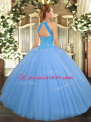 Latest High-neck Sleeveless Tulle Quinceanera Gown Beading Lace Up