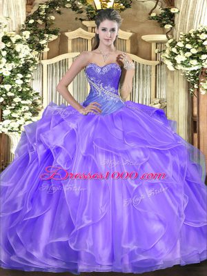 Dazzling Lavender Ball Gowns Organza Sweetheart Sleeveless Beading and Ruffles Floor Length Lace Up Quinceanera Dress