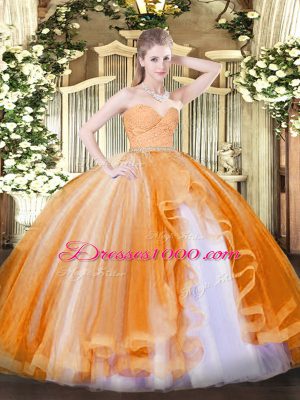 Fantastic Orange Sweetheart Neckline Beading and Lace and Ruffles Quinceanera Gown Sleeveless Zipper
