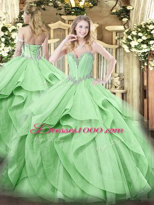 Green Lace Up Sweetheart Beading and Ruffles Quinceanera Dresses Tulle Sleeveless