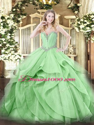 Green Lace Up Sweetheart Beading and Ruffles Quinceanera Dresses Tulle Sleeveless
