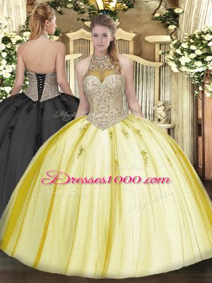 Top Selling Yellow Ball Gowns Tulle Halter Top Sleeveless Beading and Appliques Floor Length Lace Up 15 Quinceanera Dress