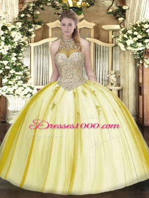 Top Selling Yellow Ball Gowns Tulle Halter Top Sleeveless Beading and Appliques Floor Length Lace Up 15 Quinceanera Dress