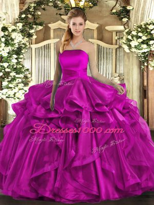 Fuchsia Sweet 16 Dresses Military Ball and Sweet 16 and Quinceanera with Ruffles Strapless Sleeveless Lace Up