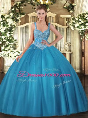 Sexy Straps Sleeveless Quince Ball Gowns Floor Length Beading Teal Tulle