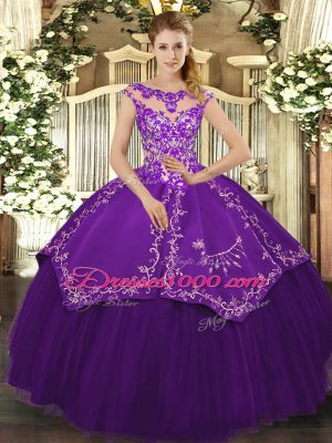 Dazzling Purple Lace Up Scoop Beading and Embroidery Vestidos de Quinceanera Satin and Tulle Cap Sleeves