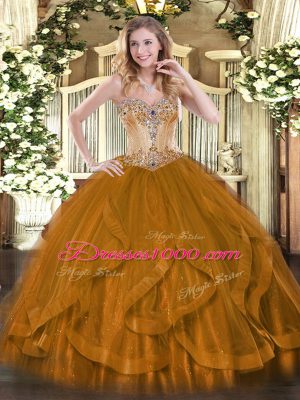 Modern Brown Lace Up Vestidos de Quinceanera Beading and Ruffles Sleeveless Floor Length