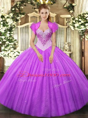 Modern Tulle Sweetheart Sleeveless Lace Up Beading 15th Birthday Dress in Lilac