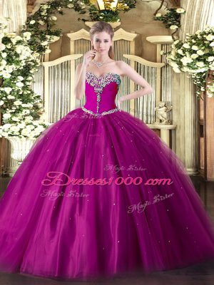Fitting Fuchsia Tulle Lace Up Sweet 16 Dresses Sleeveless Floor Length Beading