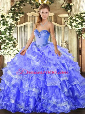 Floor Length Blue Quinceanera Gown Organza Sleeveless Beading and Ruffled Layers