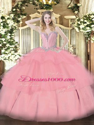 Spectacular Baby Pink Quinceanera Dress Military Ball and Sweet 16 and Quinceanera with Beading and Ruffled Layers Sweetheart Sleeveless Lace Up