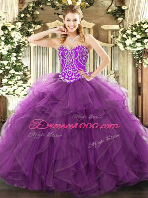 Fantastic Sleeveless Floor Length Beading and Ruffles Lace Up Sweet 16 Dress with Purple