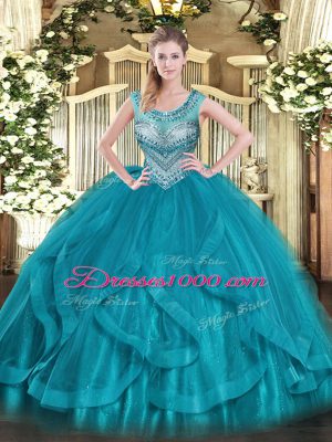 Nice Tulle Scoop Sleeveless Lace Up Beading and Ruffles Quince Ball Gowns in Teal