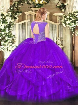 Nice Tulle Scoop Sleeveless Lace Up Beading and Ruffles Quince Ball Gowns in Teal