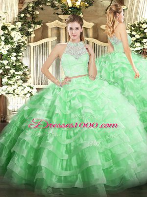 Lace and Ruffled Layers Sweet 16 Dress Apple Green Zipper Sleeveless Floor Length