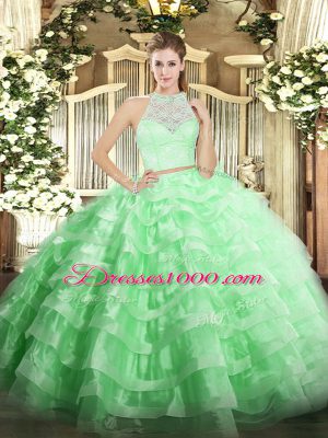 Lace and Ruffled Layers Sweet 16 Dress Apple Green Zipper Sleeveless Floor Length