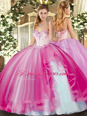 Ideal Ball Gowns Sweet 16 Dress Fuchsia Sweetheart Tulle Sleeveless Floor Length Lace Up
