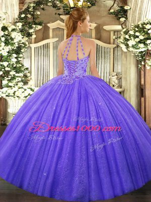 Hot Sale Blue Quinceanera Gowns Military Ball and Sweet 16 and Quinceanera with Beading and Embroidery Halter Top Sleeveless Lace Up