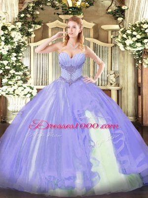 Lavender Ball Gowns Tulle Sweetheart Sleeveless Beading and Ruffles Floor Length Lace Up Sweet 16 Quinceanera Dress
