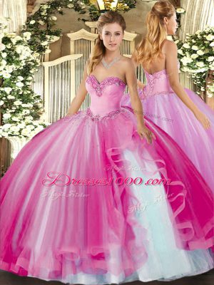 Fuchsia Lace Up Sweetheart Beading and Ruffles Ball Gown Prom Dress Tulle Sleeveless