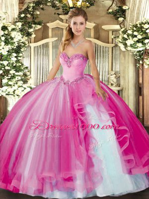 Fuchsia Lace Up Sweetheart Beading and Ruffles Ball Gown Prom Dress Tulle Sleeveless