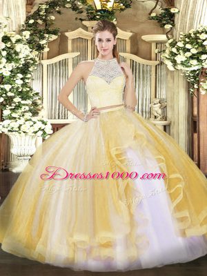 Sleeveless Floor Length Lace and Ruffles Zipper 15th Birthday Dress with Gold