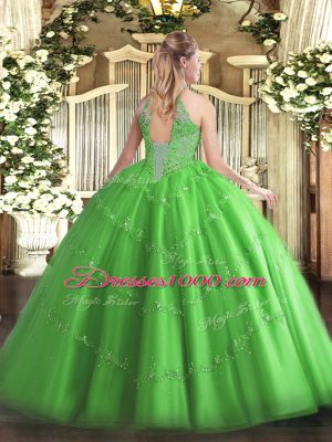 Noble Sleeveless Tulle Floor Length Lace Up Quinceanera Gown in Hot Pink with Lace and Appliques