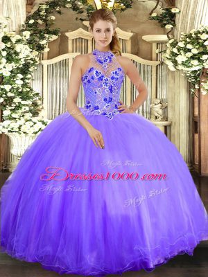 Lavender Ball Gowns Halter Top Sleeveless Tulle Floor Length Lace Up Embroidery 15th Birthday Dress