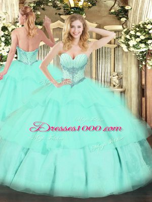 Pretty Apple Green Tulle Lace Up Sweetheart Sleeveless Floor Length Sweet 16 Dresses Beading and Ruffled Layers