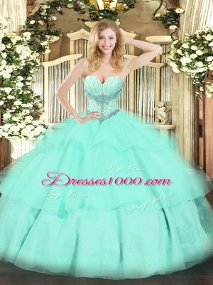 Pretty Apple Green Tulle Lace Up Sweetheart Sleeveless Floor Length Sweet 16 Dresses Beading and Ruffled Layers