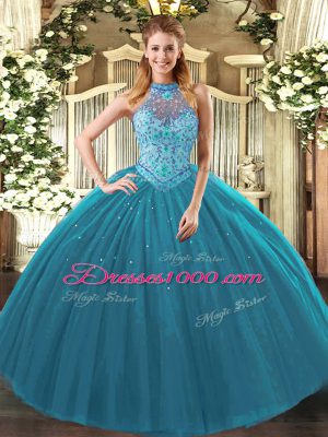 Teal Sleeveless Tulle Lace Up Quinceanera Gowns for Sweet 16 and Quinceanera