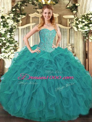 Gorgeous Turquoise Sleeveless Floor Length Beading and Ruffles Lace Up 15 Quinceanera Dress