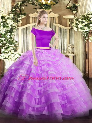 Lilac Tulle Zipper Off The Shoulder Short Sleeves Floor Length Quinceanera Dress Appliques and Ruffled Layers
