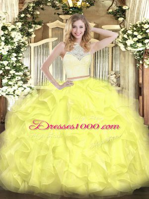 Yellow Zipper Quinceanera Gown Lace and Ruffles Sleeveless Floor Length