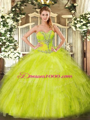 Floor Length Lace Up Ball Gown Prom Dress Yellow Green for Sweet 16 and Quinceanera with Beading and Ruffles